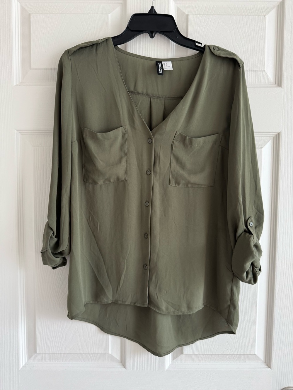 H&M Olive Green V-Neck Button Front Blouse